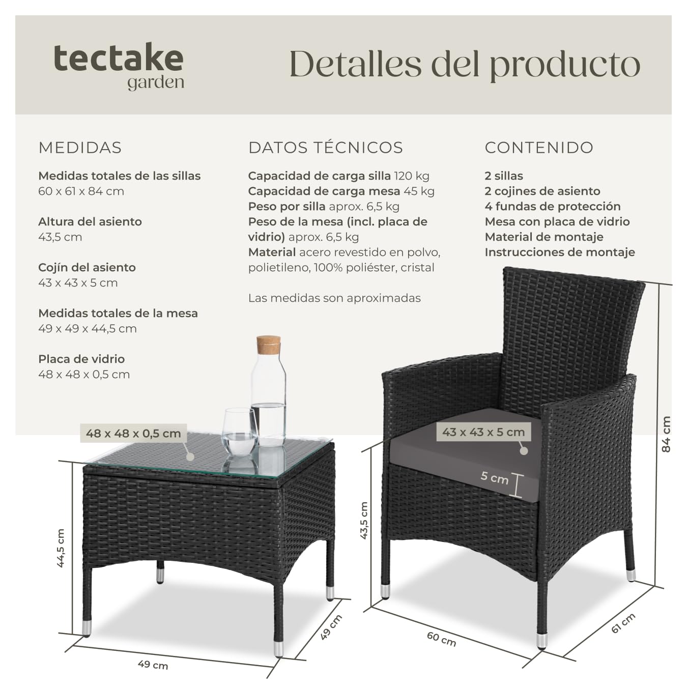 tectake® Conjunto Jardín Exterior de Ratán y Acero para 2 Personas, Muebles Jardín Exterior Resistentes a Intemperie, 2 Sillones y 1 Mesa Cristal, Fácil Montaje y Limpieza, Incl. 4 Fundas - Negro