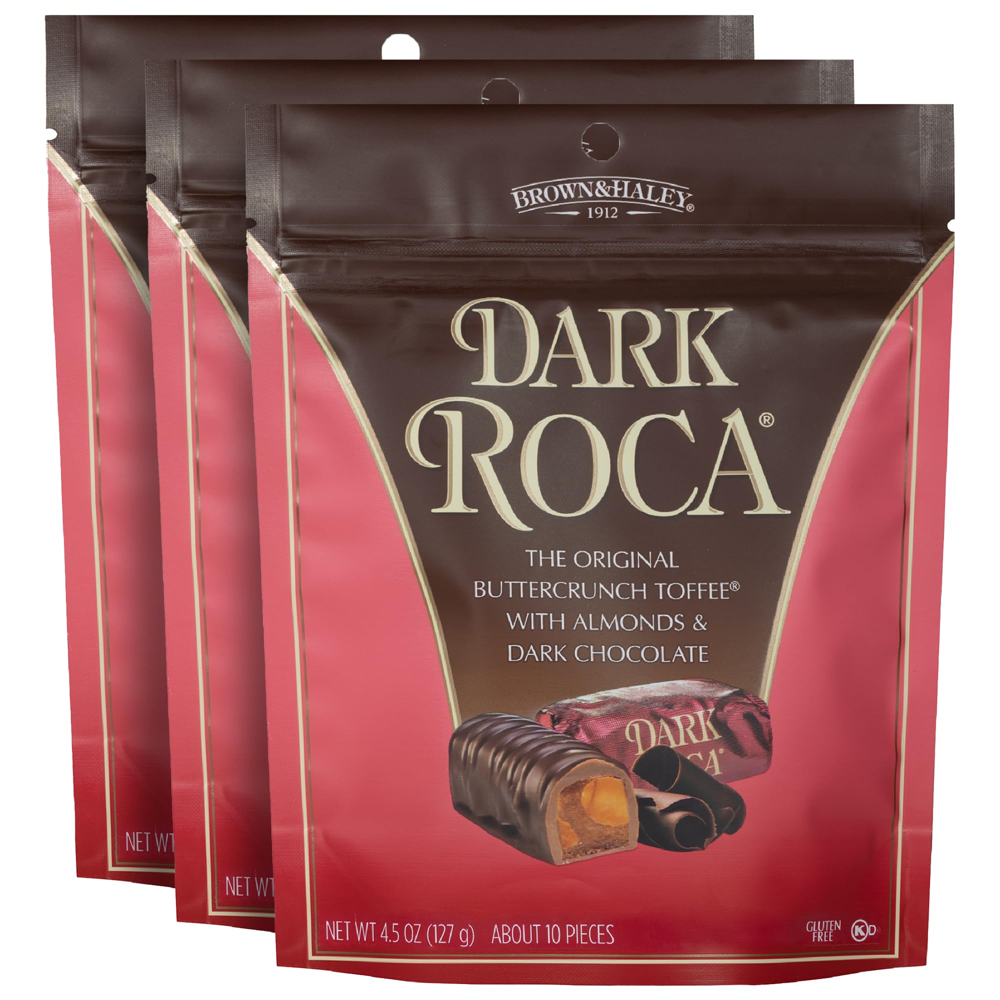 Almond Roca Pack of 3 Stand-Up Pouches - 4.5oz Individually Wrapped Dark Chocolate Candy - Buttercrunch Toffee with Almonds Covered in Chocolate - Gluten Free, Kosher, Chocolate