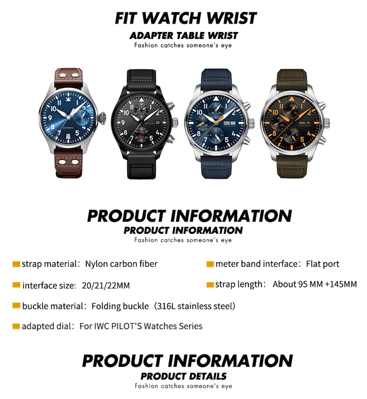 EPANO Cinturino per orologio sportivo in tela di nylon nero per IWC Le Petit Prince Big Pilot TOP GUN IW3777, 20 mm, 21 mm, 22 mm, cinturino in pelle di nylon