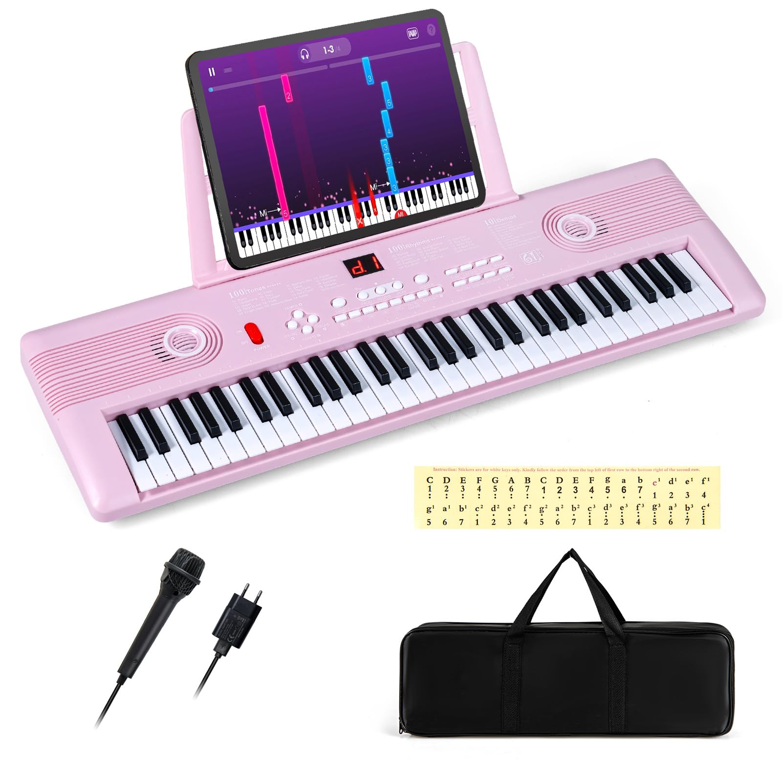KOMFOTTEU Teclado de Piano de 61 Teclas, Piano Digital con Micrófono y Atril, Piano Electrónico Portátil con Bolsa de Transporte para Principiantes (Rosa)