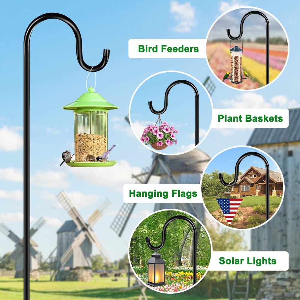 ANIDEER Ganchos de pastor de 84 pulgadas para exteriores, comedero de pájaros de jardín resistente, comedero colgante para pájaros, linternas de luz solar, gancho para colgar plantas al aire libre con