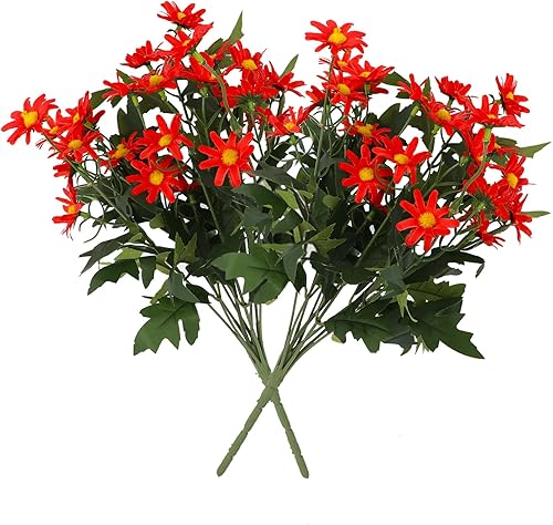LGEGE Margaritas artificiales para exteriores, 2 paquetes de flores de margaritas rojas a granel, decoración perfecta para mesa, ventana, porche