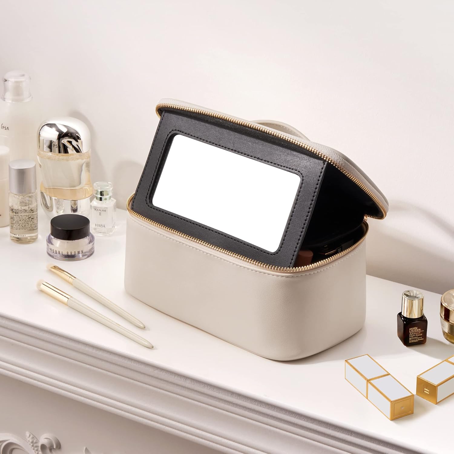 ROWNYEON Large Capacity Cosmetic Bags with Mirror for Women, Waterproof Leather Portable Toiletry Bag, Hard Shell Brushes Makeup Organizer Travel Essentials Makeup Case With Handle and Divider - Image 4