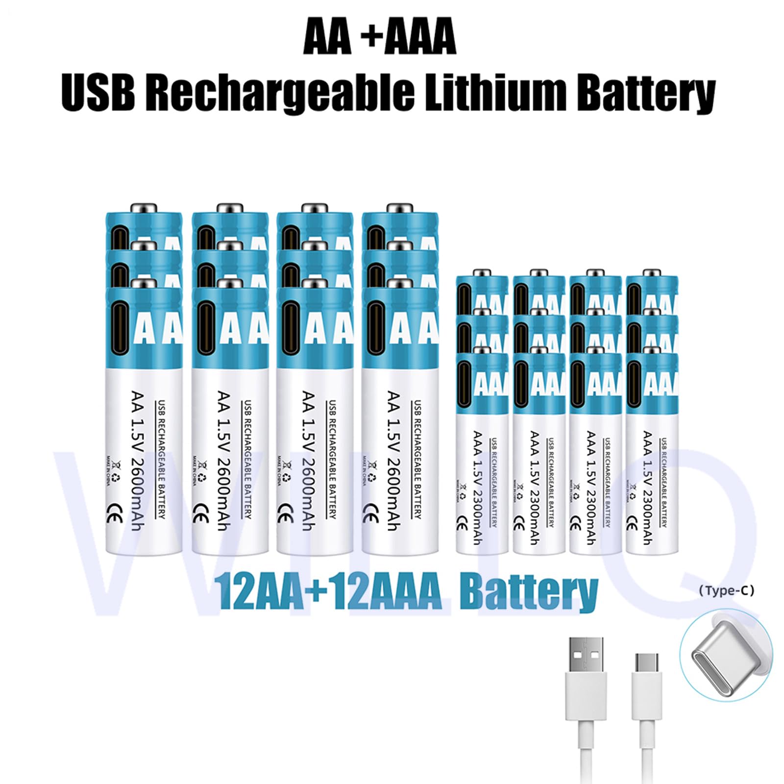 Baterías Recargables AA+AAA 1,5 V 2600 mAh + 2300 mAh batería de Iones de Litio de Alto Rendimiento Carga rápida USB-C (con Cable) para Juguetes/teclados,2600mah+2300mah,12pcs