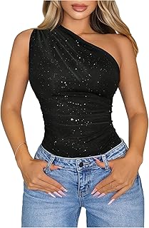 Women's Sexy Glitter Sparkly Sleeveless One Shoulder Bodysuit Side Ruche...