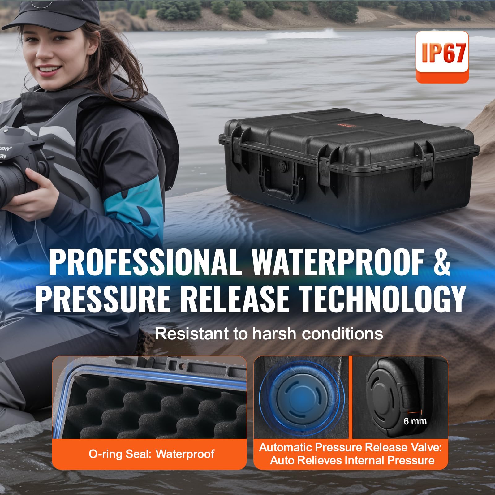 VEVOR Estuche Rígido Resistente a la Intemperie de 620 x 490 x 225 mm, Estuche Protector Resistente con Espuma Precortada, Asas Retráctiles para Viajes, Caza, Uso Militar, Táctico, Impermeable IP67