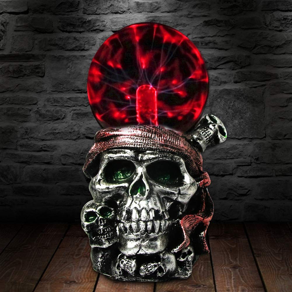 YAOJIA Plasma lamp, Pirate skull Red turban Novelty night light Plasma ball Horror lighting Gothic Pirate skull Magic light Statue Gift