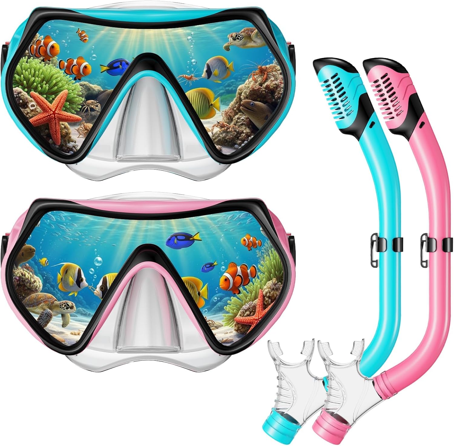 Snorkel Mask Set, Dry-Top Snorkel Set Scuba Diving Mask, 180° Panoramic Wide View, Professional Breathing Freely Snorkeling Gear Kit with Nose Cover for Snorkeling Swimming, Travel Kids Pink+Oceanblue