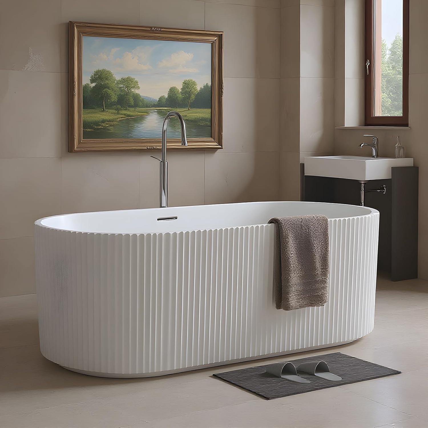 59" Acrylic Freestanding Bathtub, White Soaking Tub with Non-Slip Base, cUPC Certified Free Standing Tub, Chrome Drain Bath Tub, Modern Tub for Bathroom