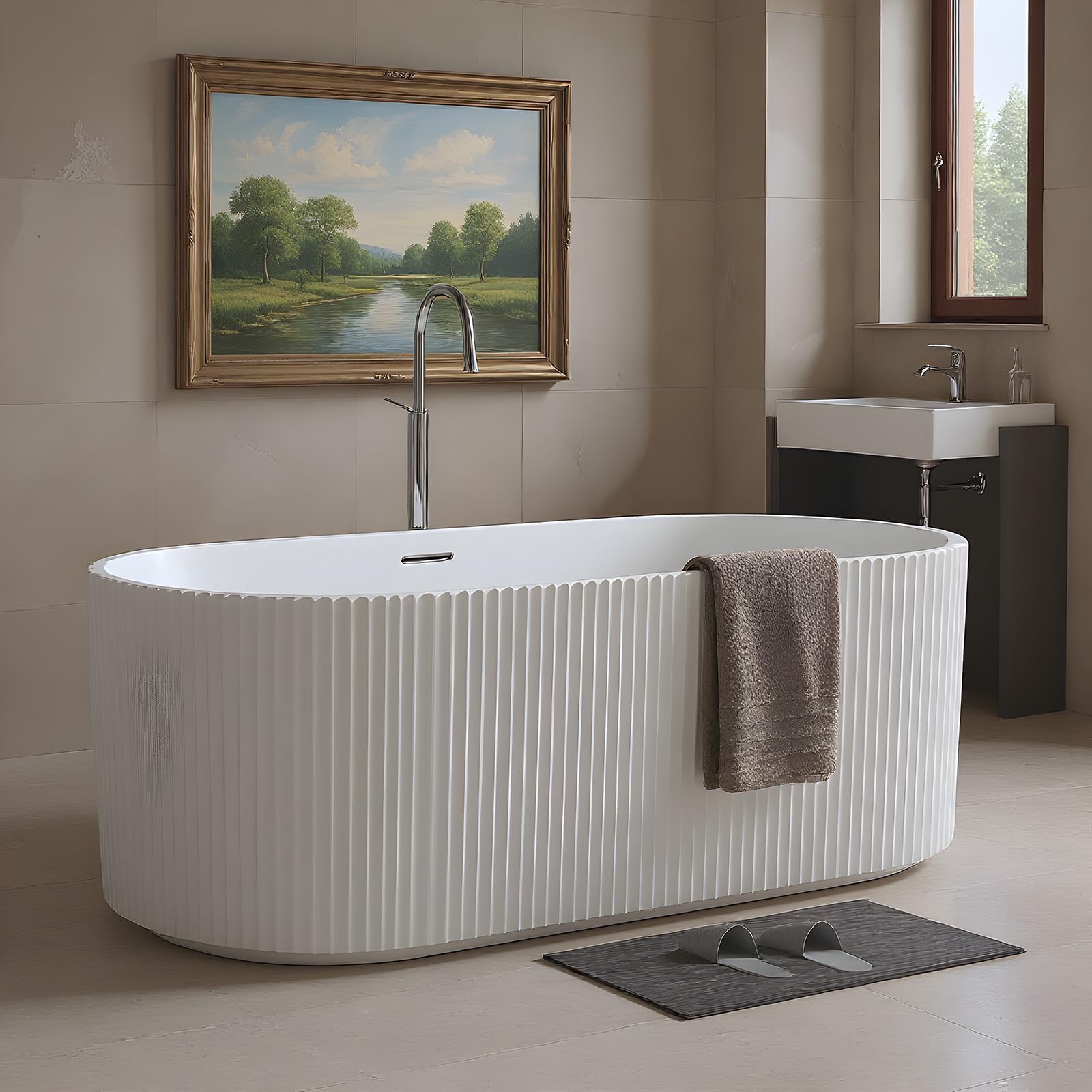 59" Acrylic Freestanding Bathtub, White Soaking Tub with Non-Slip Base, cUPC Certified Free Standing Tub, Chrome Drain Bath Tub, Modern Tub for Bathroom