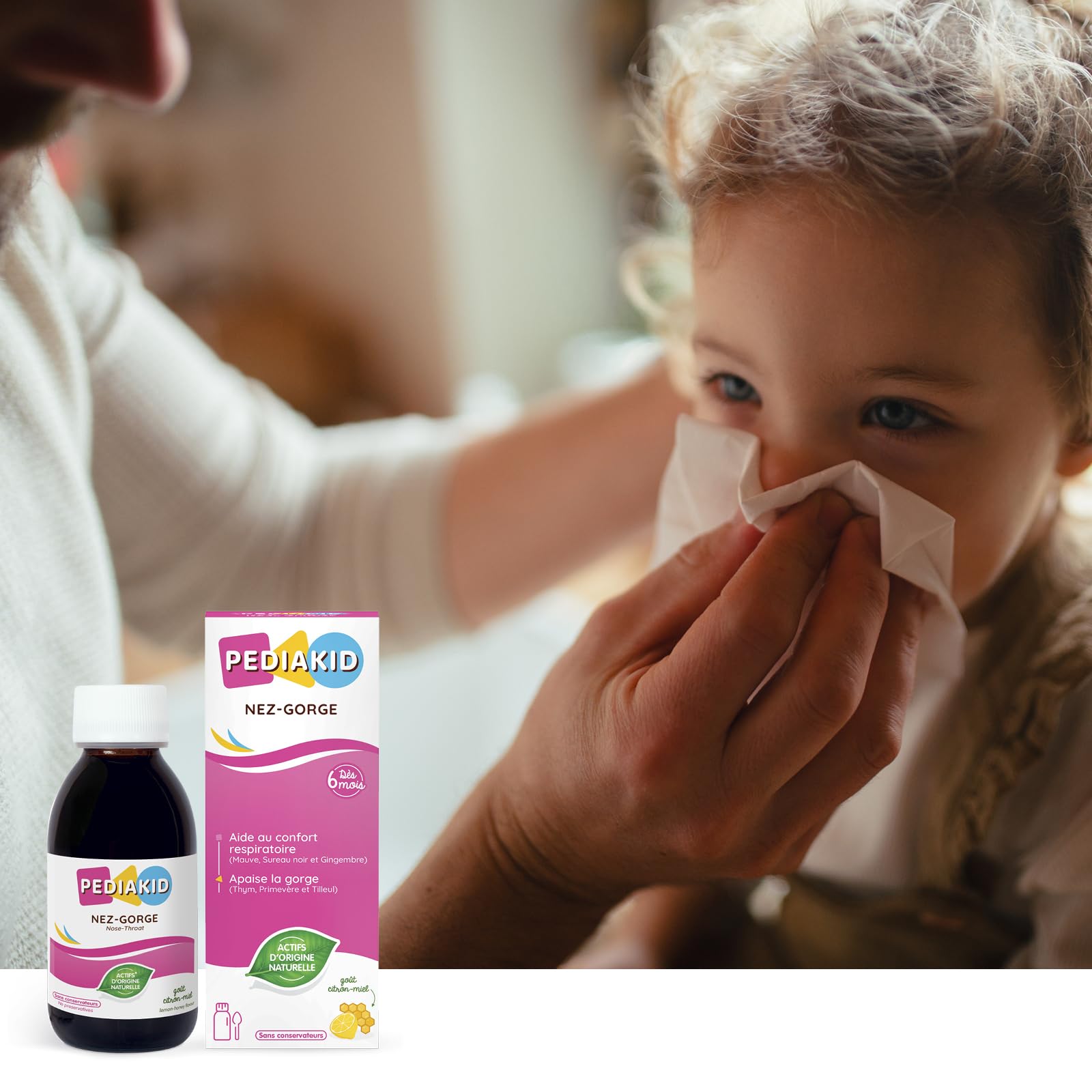 PEDIAKID - Sirop Nez-Gorge - Apaise & dégage les voies respiratoires - Participe au fonctionnement du système immunitaire - Thym, Tilleul, Sureau, Gingembre, Vitamine C & Cuivre - Lot de 3