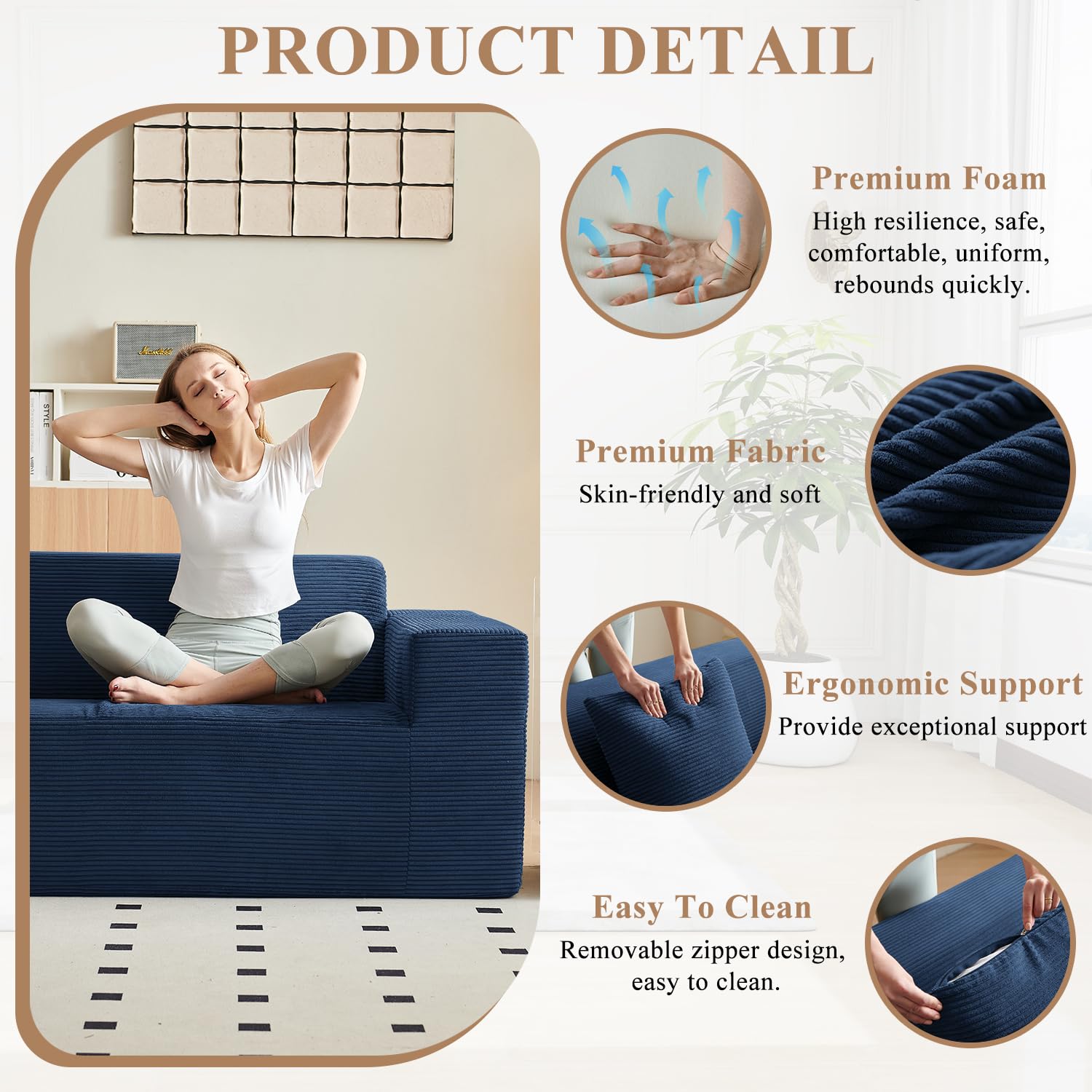 FILUXE Convertible Folding Sofa Bed - Sleeper Chair with Pillow, Modern Linen Fabric Floor & Futon Couch, Foldable Mattress for Living Room/Dorm/Guest Use/Home Office/Apartment, Queen Size, Dark Gray: Loveseat Navy Blue