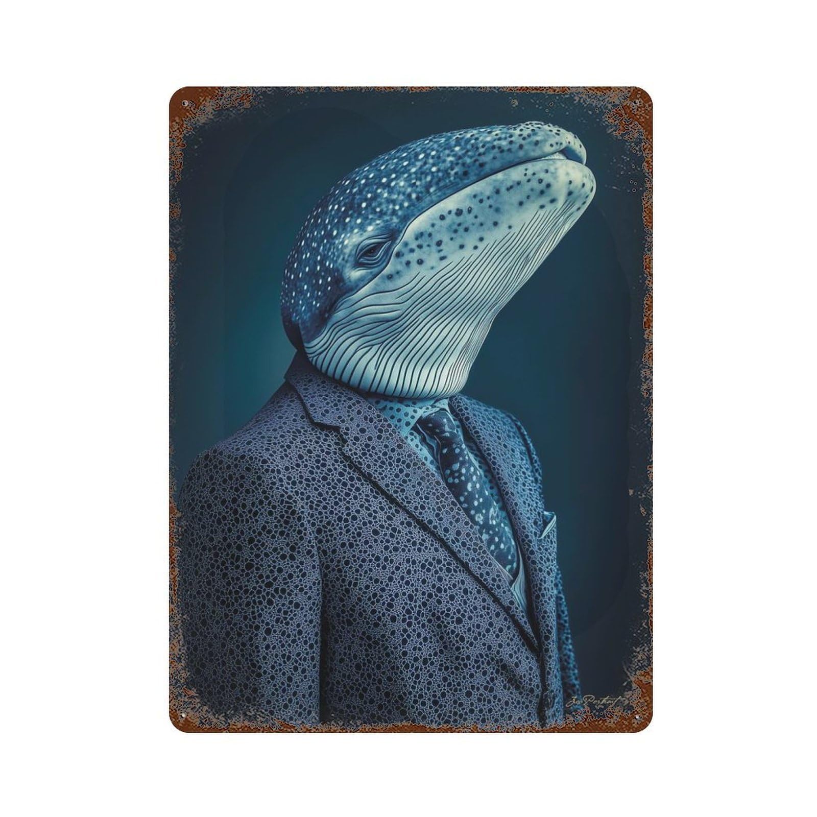 Whale in Suit Portrait Vintage Wall Sign 15.7"x11.8", Rust Effect Metal Decor for Office, Studio And Wall Decor