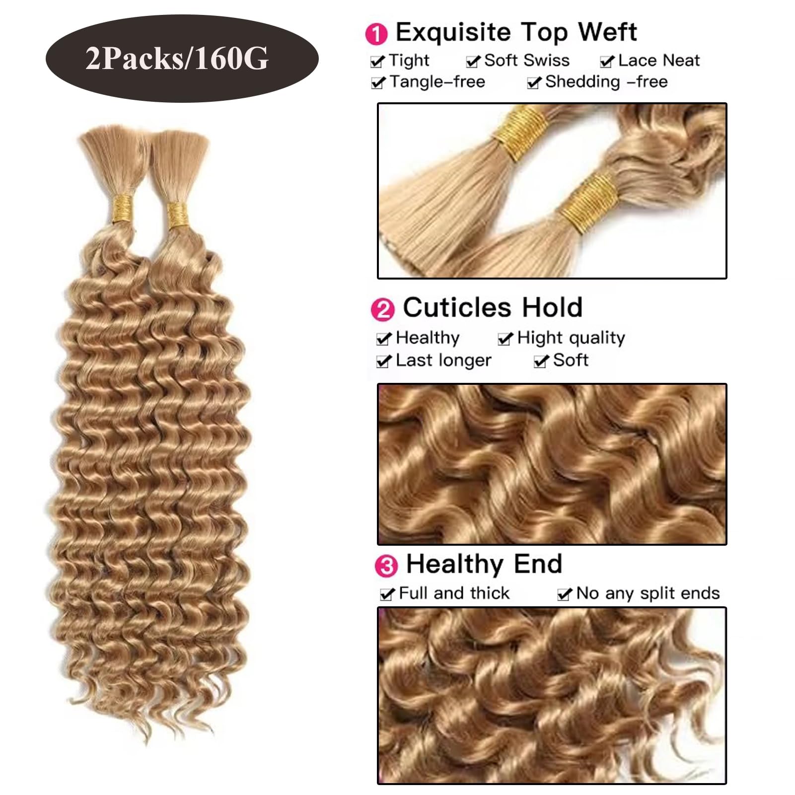 Deep Wave Boho Braids Synthetic Hair Extensions 22 Inch 2 Bundles Water Wave Curly Synthetic Braiding Hair Bulk Wet and Wavy Goddess Box Braids for Women (#27/Strawberry blonde - Image 3