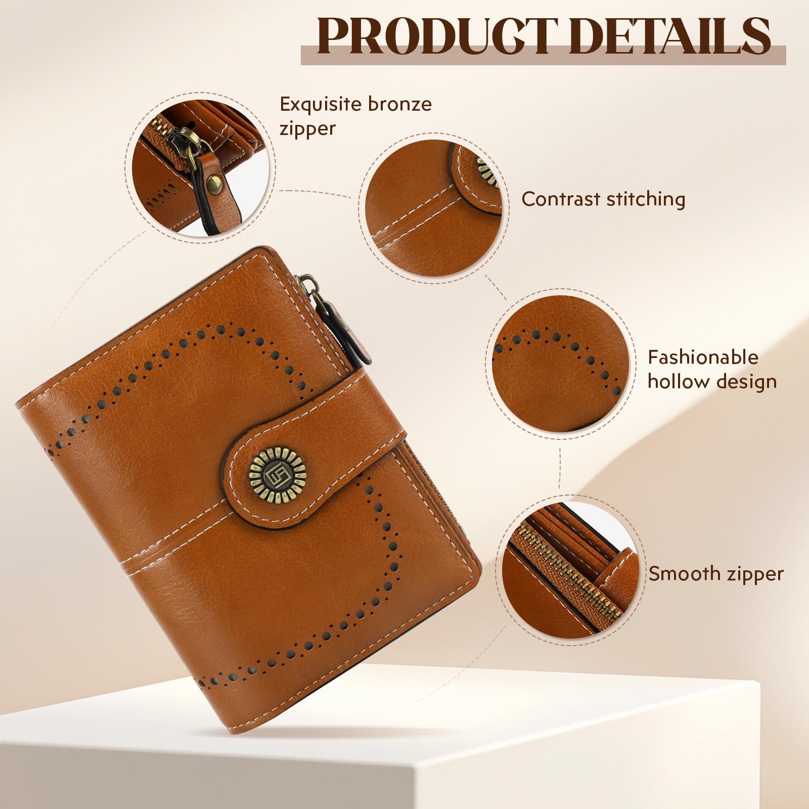 GlasFlength Portafoglio Donna Piccolo in Pelle, Portamonete Piccoli Blocco RFID con Cerniera e Chiusura a Scatto Corto Bifold Portafogli Donna Scomparti per Carte Multipli Grande Capacità (Marrone)