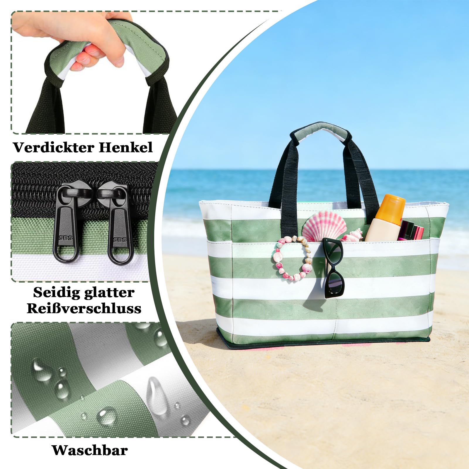 Sac de Plage XXL, 50 x 29 x49cm Sac Fourre Tout Sacs de Plage, Main Bandoulière Pliable Voyage, Multi Poches Pliable Cabas Plage, Grand Sacs de Plage Femme avec Démontable Sac Isotherme