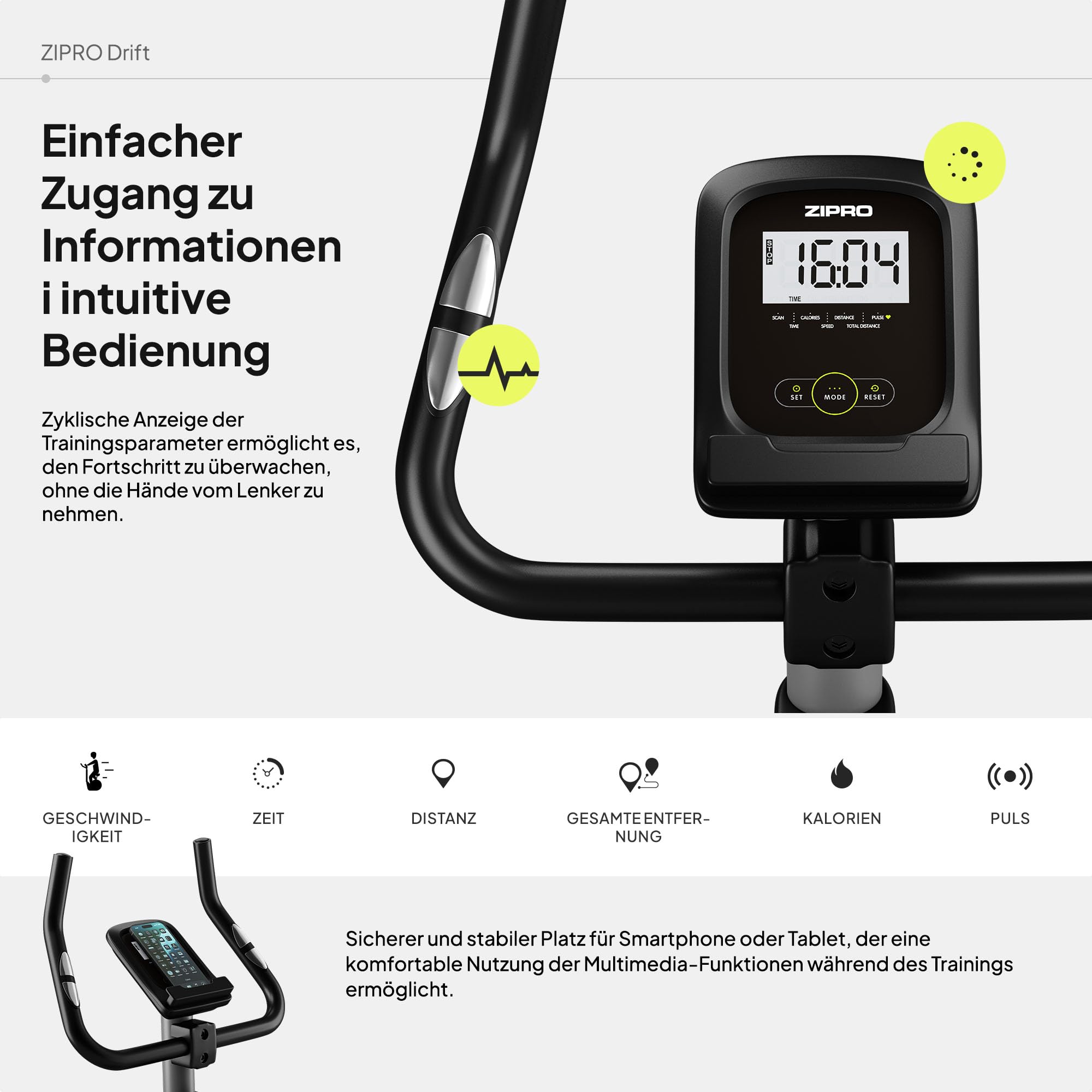 Zipro Heimtrainer Fahrrad Drift, Ergometer Fitnessbikes, Magnetisches Fahrradtrainer, Ergometer Fahrrad bis 120kg, Indoor Bike, Trainingsfahrrad für zuhause, Fahrradergometer Batteriebetrieben