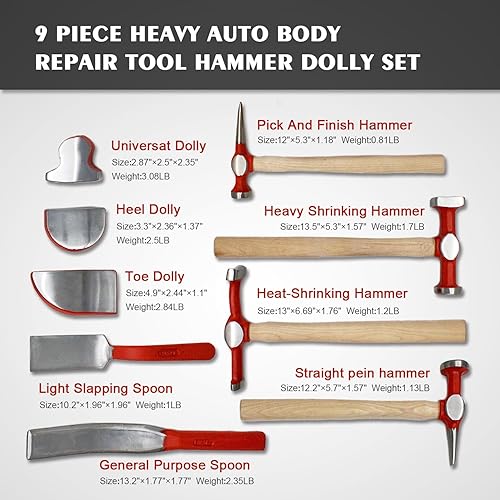 Miniatura 2 de Herramienta de reparación de carrocería automática de 9 piezas, herramienta de guardabarros de cuerpo de acero al carbono, martillo de cuerpo