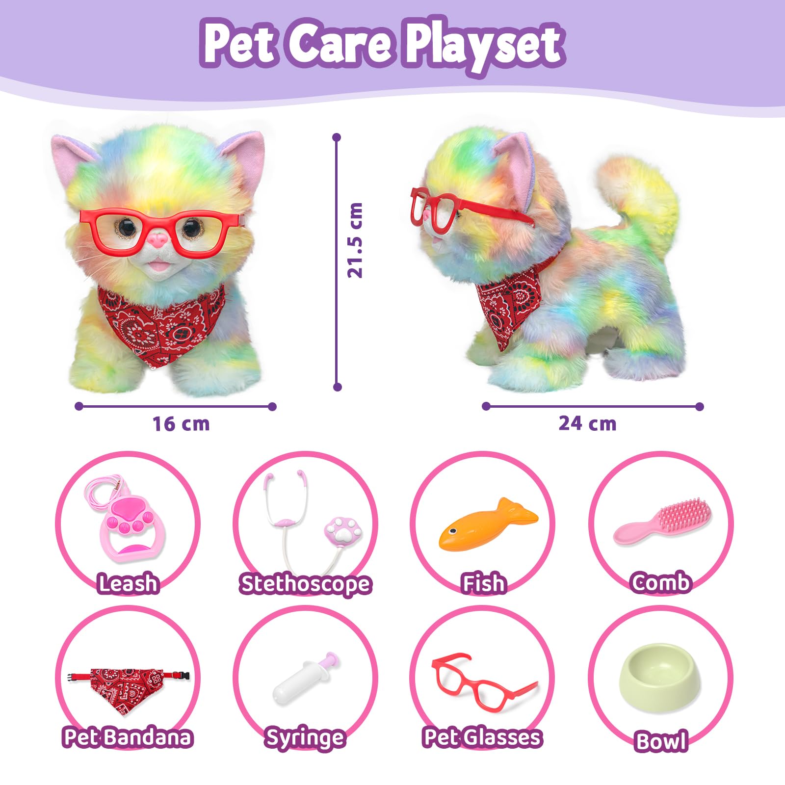 YH YUHUNG Gato de Juguete teledirigido Que Camina, maúlla y Mueve la Cola, Sensor táctil/Voz, Set de Juego Veterinario, 3×AAA no Incluidas, 3+