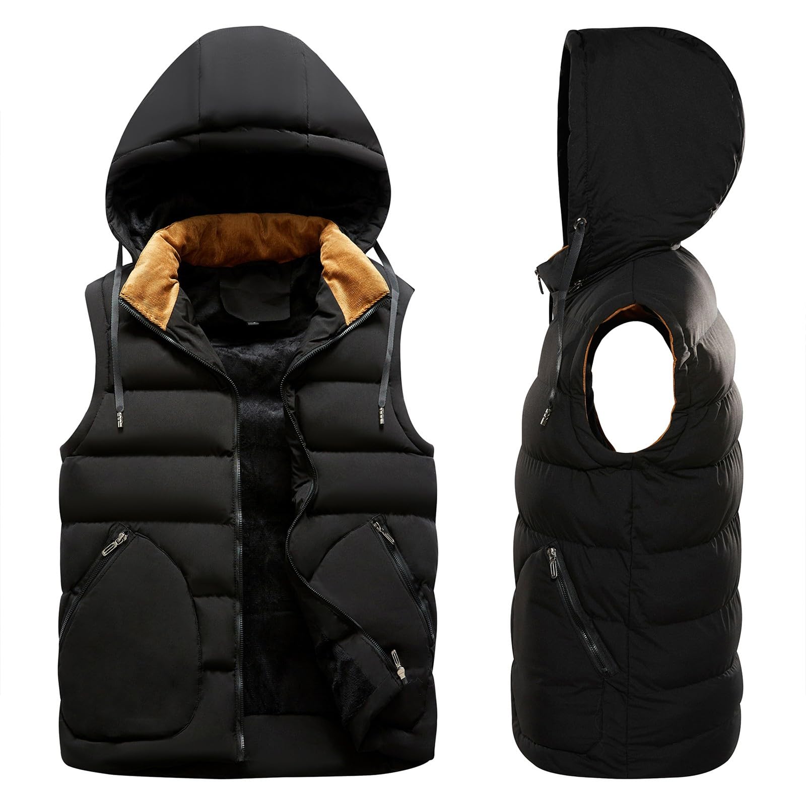 Chaleco acolchado con capucha para hombre, chaleco acolchado sin mangas con forro polar con bolsillos con cremallera, calentador de cuerpo grueso aislado, chaleco acolchado relleno de algodón, capucha