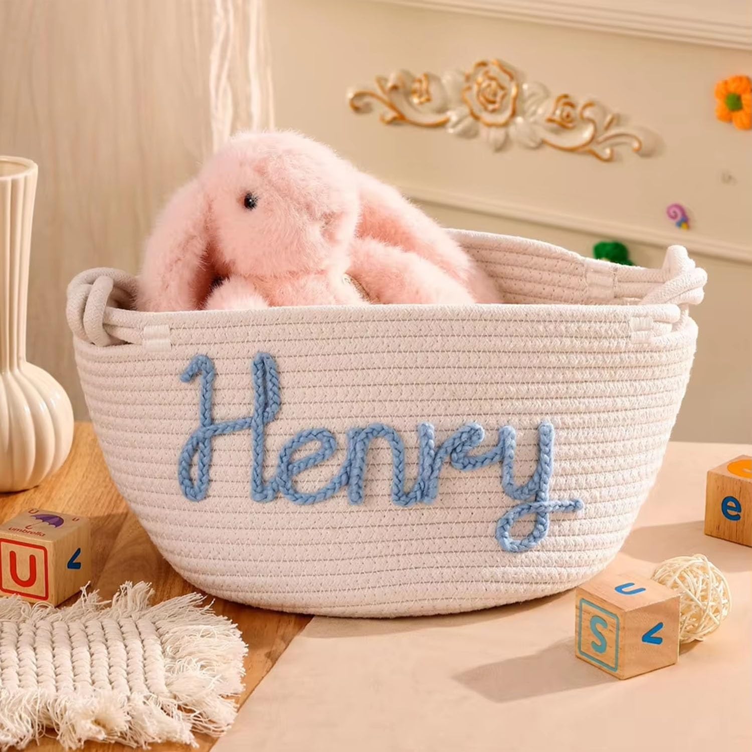 Panier Personnalisé Pour Bébé Avec Prénom, Paniers Tissés À La Main En Coton, Organiseur De Jouets Personnalisé Pour Nouveau-né Fille Ou Garçon, Décoration Pour Chambre D'enfant(M:35X13X19CM)