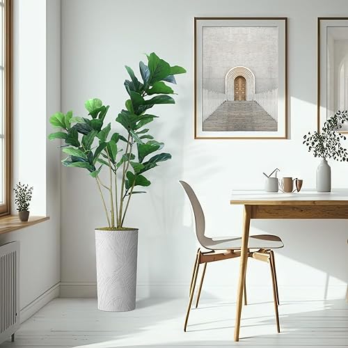 Miniatura 6 de Árbol artificial en macetero con efecto de mármol blanco, Ficus Lyrata falso de seda para decoración del hogar en interiores y exteriores, altura