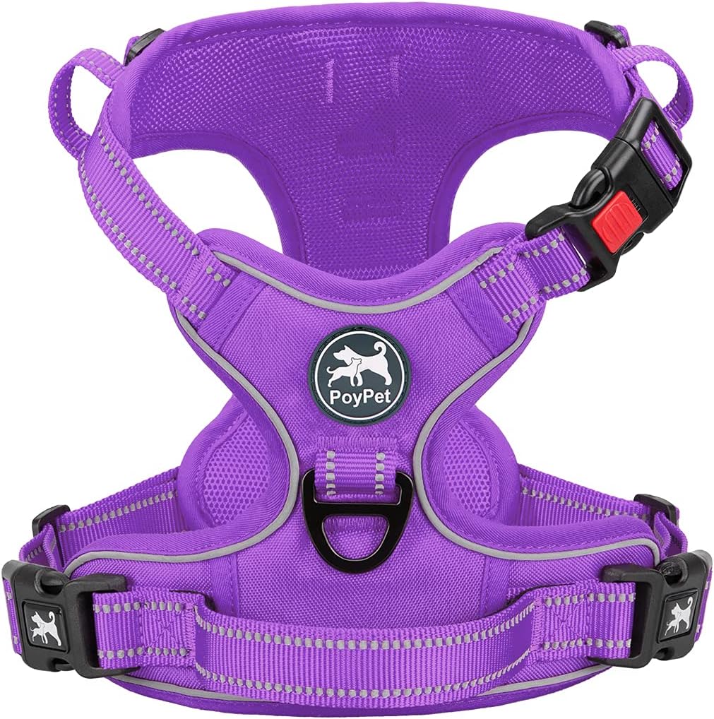 PoyPet No Pull Dog Harness, No Choke Reflective Dog Vest, Adjustable Pet Harnesses with Easy Control Padded Handle for Small Medium Large Dogs(Purple Matching Trim,M) Medium Purple(Matching Trim)