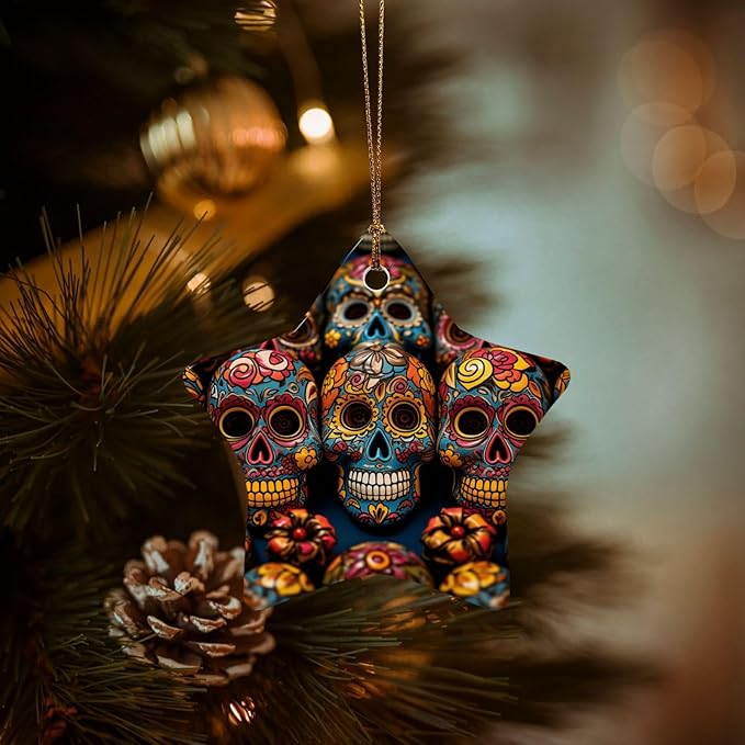 Christmas Tree Ornaments Ceramics Christmas Decorations Colorful Sugar Skulls Ornaments with Gold Ribbon Porcelain Xmas Tree Crafts Star Shape Hanging Pendant for Christmas Tree Party Decor