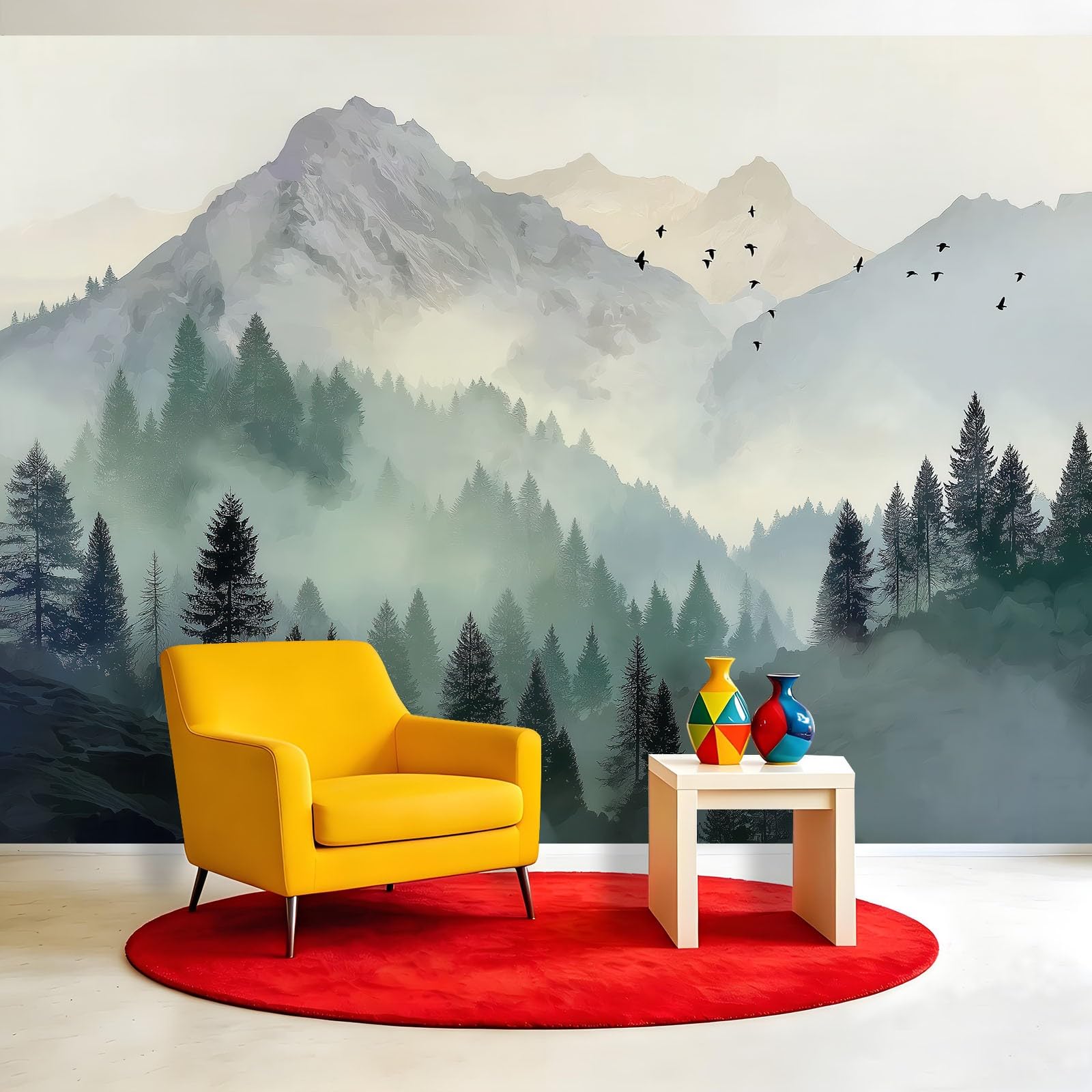 Fototapeta – chiński krajobraz, las, mgła 200 x 140 cm, tapeta na ścianę, tapeta z włókniny, dekoracja ścienna, tapeta ścienna do sypialni, salonu – szczyt górski, drzewa, ptaki, niebo