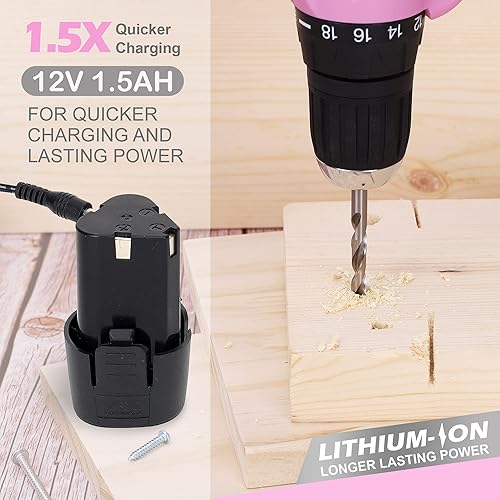 Miniatura 8 de FASTPRO Juego de herramientas rosa de 160 piezas con taladro inalámbrico de iones de litio de 12 V, kit de herramientas de reparación para el hogar