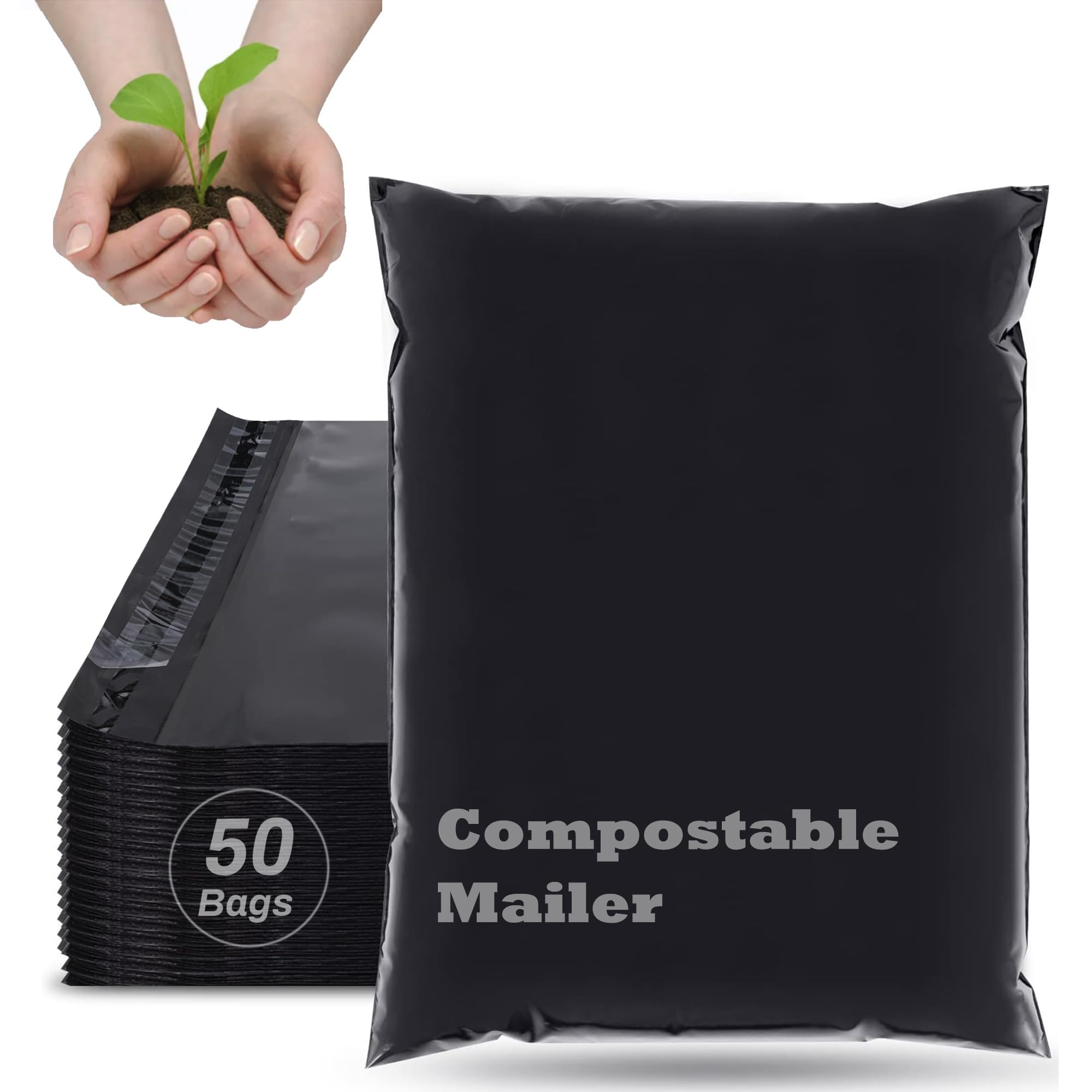JENCENBIO Compostable Postage Bags, 26x38cm Mailers Bags, Self-Sealing Strip Eco Friendly Parcel Bags for Clothing Shoes Packaging 50 Pack Black