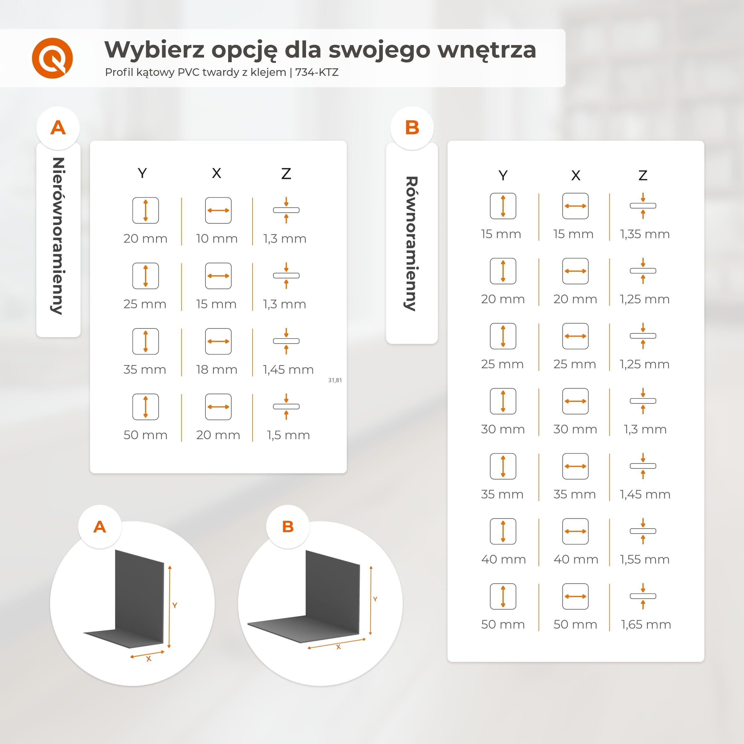 QUEST Kątownik twardy PVC 15x15 mm samoprzylepny, klejony po zewnętrznej stronie, ozdobny profil L kątowy, biały, 150 cm