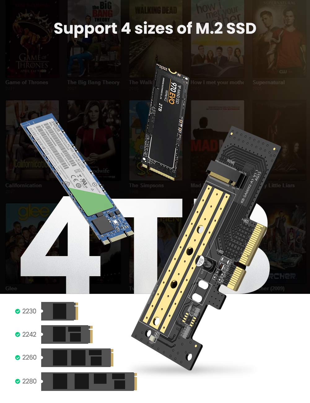 UGREEN Adattatore PCI Express M.2 da SSD NVMe a PCIe 3.0 Adattatore da Scheda PCIe a NVMe SSD Supporta M2 SSD con Chiave M nella Misura 2230/2242/2260/2280