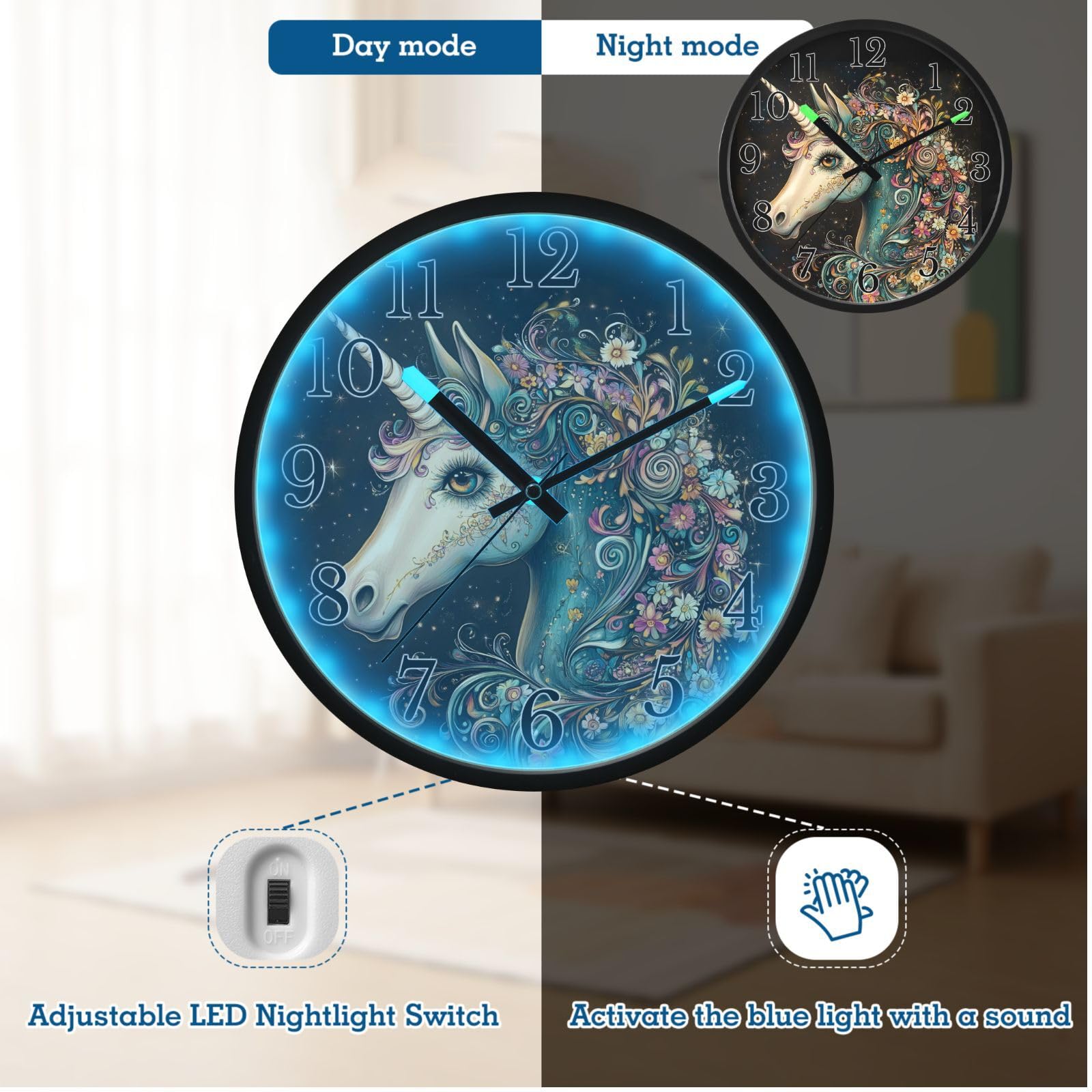 Mnsruu Reloj de pared luminoso con diseño de unicornio y flor de caballo, funciona con pilas, reloj silencioso que brilla en la oscuridad para sala de estar y cocina, 30,5 cm