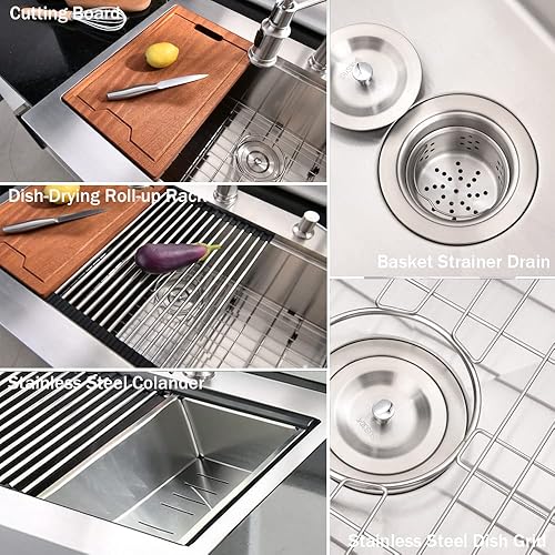 Miniatura 69 de Fregadero de acero inoxidable de 33 pulgadas con estación de trabajo estilo casa de campo, 33 x 22 pulgadas, fregadero de estación de trabajo Acero