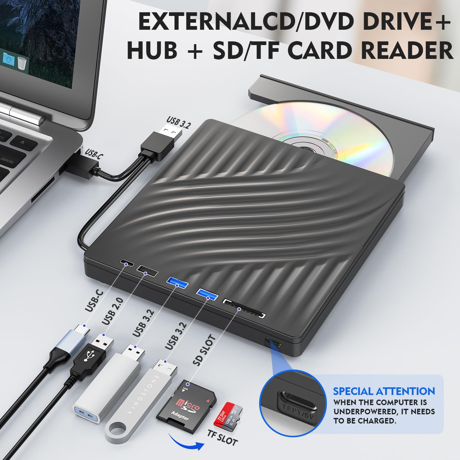 YOTUO Unidad externa multifunción de CD/DVD 3 en 1 Hub y lector de tarjetas SD, reproductor de DVD, interfaz dual USB-C/USB 3.2 portátil para laptop, escritorio, con Windows 7/8/10/11, Mac MacBook Pro
