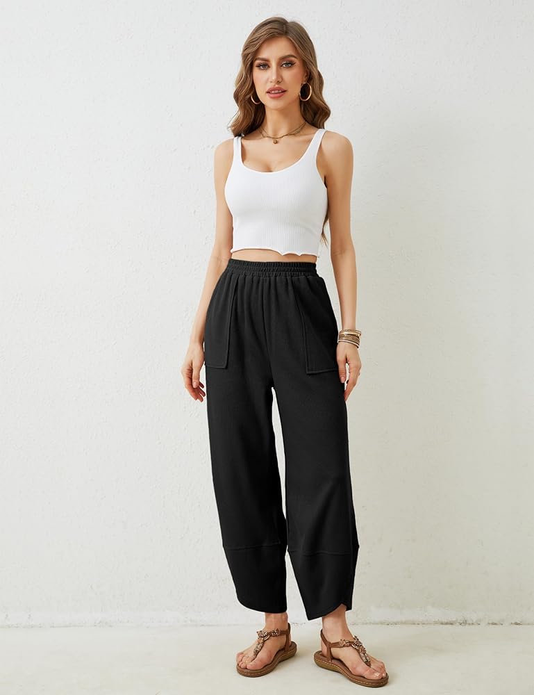 Faleave Women's Baggy Wide Leg Pants Elastic Waisted Casual