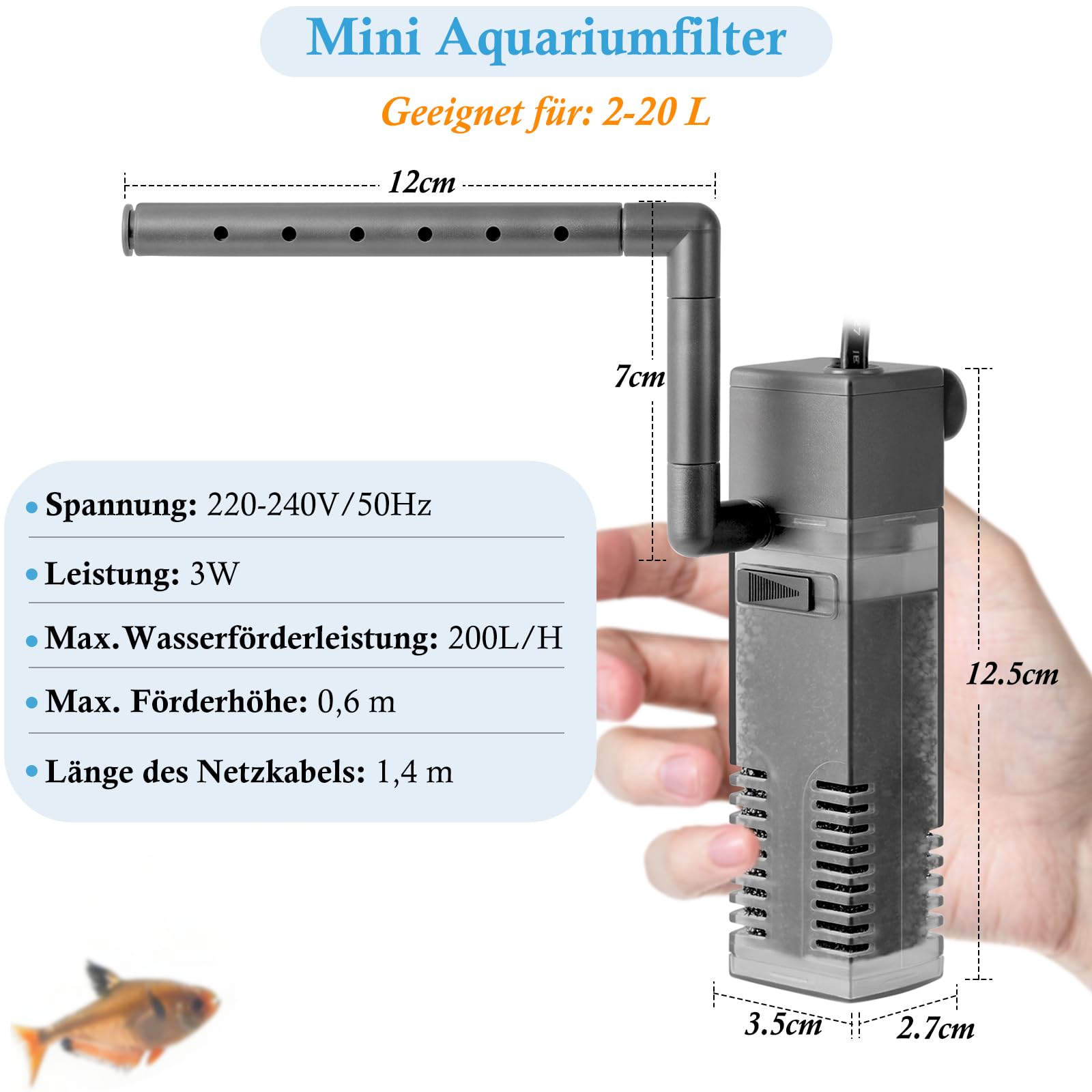 3W Leiser Aquarium Innenfilter, 4-IN-1 200L/H Mini Aquarium Filter mit Sauerstoffzufuhr–für 2-20L Kleine Fische Garnelen Fischbrut und Schildkröten Aquarien, mit wechselbarem Filterschwamm