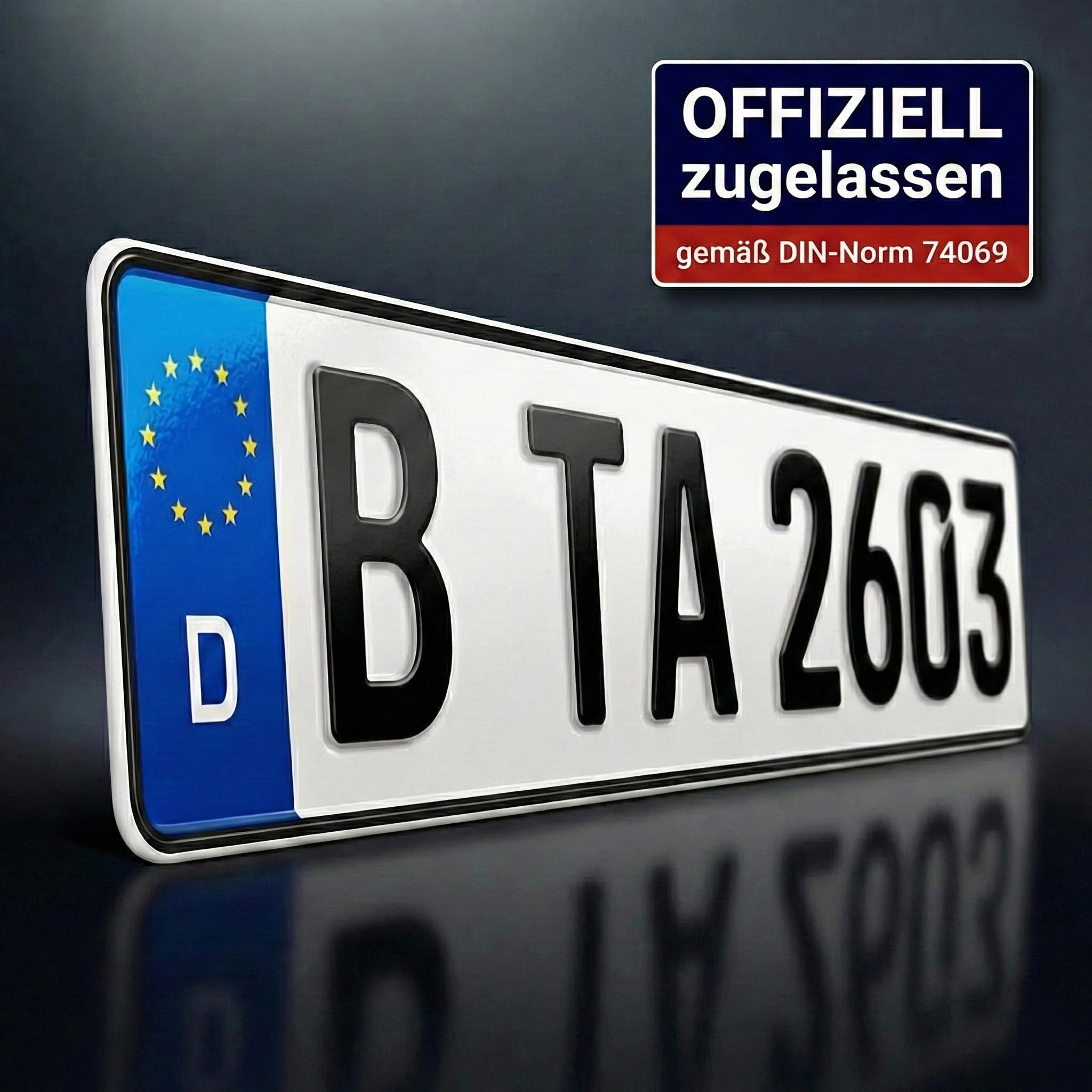 1 DIN-zertifiziertes Kfz-Kennzeichen in der Standard-Größe 520x110 mm passend für alle Deutschen Fahrzeuge