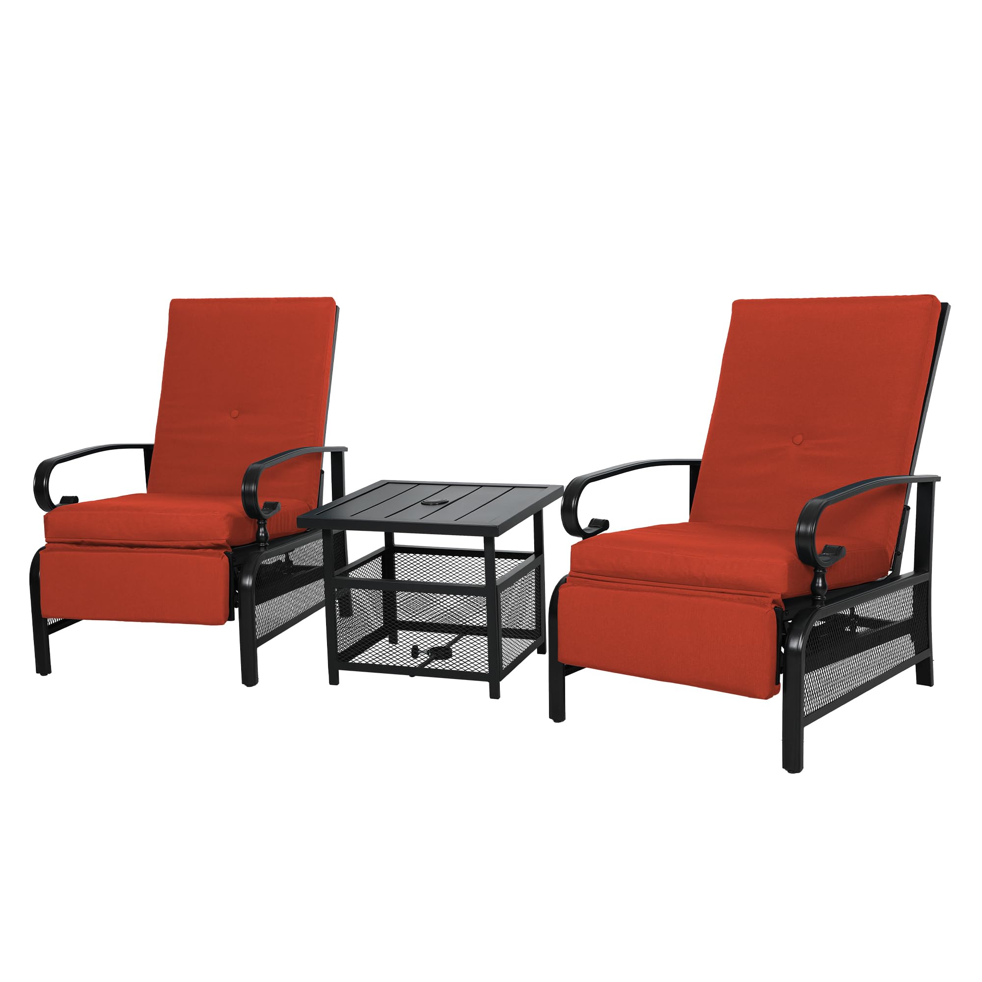 Incbruce 3 Pieces Outdoor Lounge Recliner Set, 2 Adjustable Metal Recliner Sofa Chair and Umbrella Stand Side Square Table Suitable for Garden, Pool,