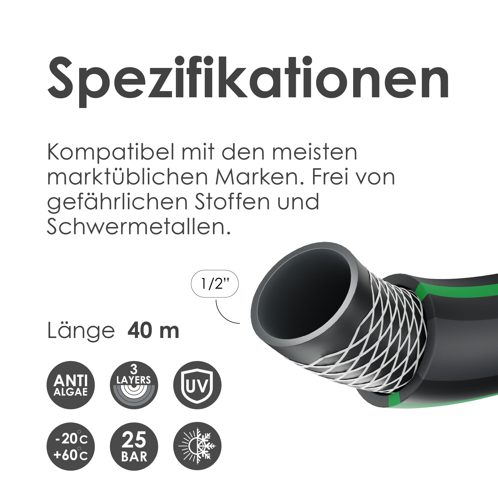 Grimsholm Tubo da Giardino Classic, 40 m, Resistente ai Raggi UV, Senza Ftalati e Metalli Pesanti, Pressione Massima 23 Bar
