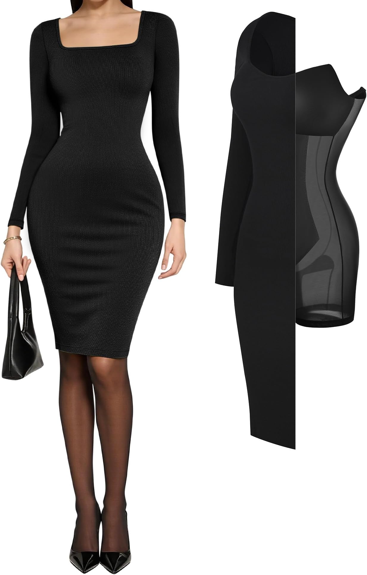Cocktail Dress Long Sleeve Square Neck Midi Dress Shapewear Tummy Control Bodycon Dress Party Evening Built in Bra