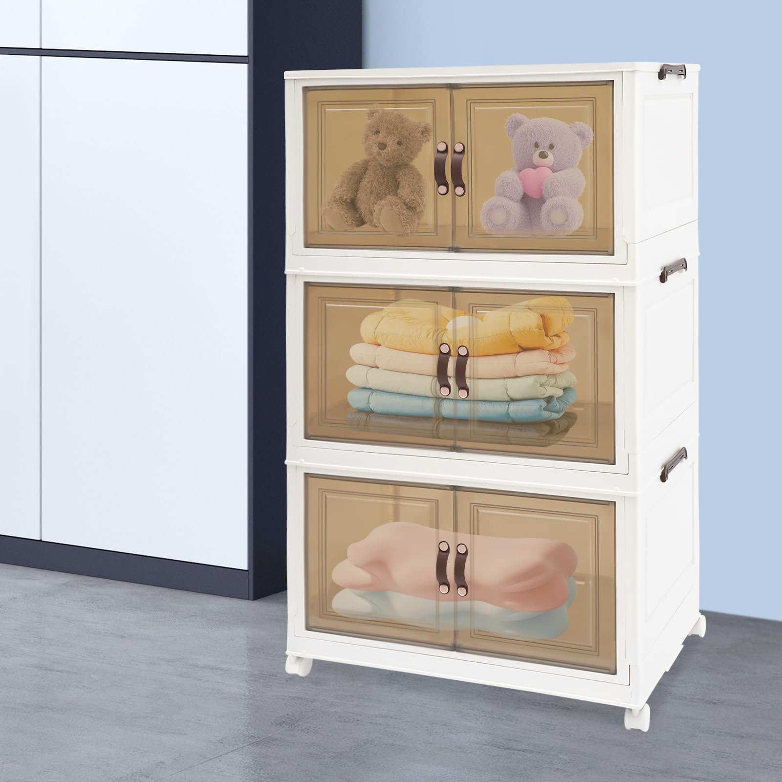 Caja de almacenaje con tapa, 3 niveles, 65 x 42 x 110,5 cm, transparente, para dormitorio, cocina, cuarto de baño