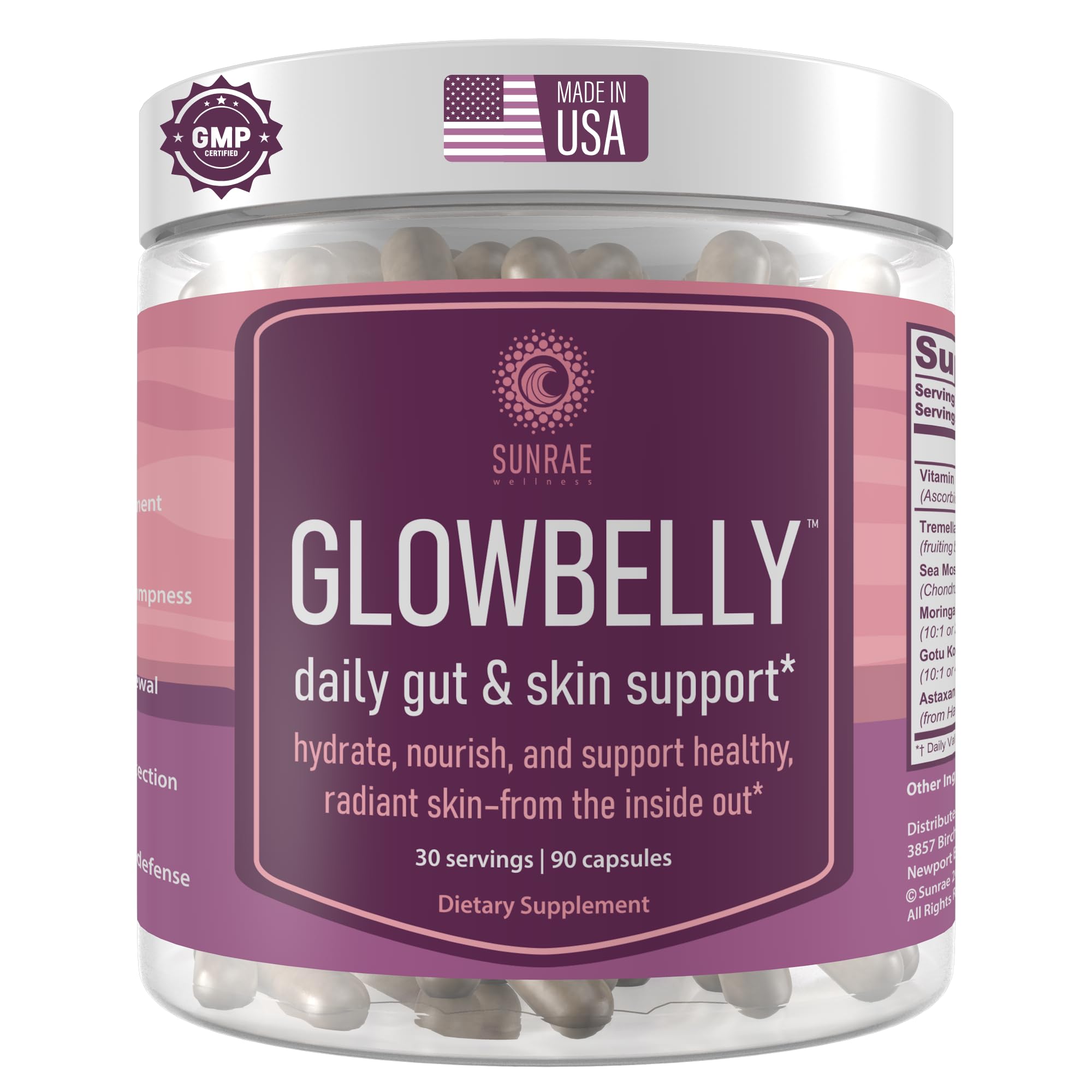 Sunrae Wellness Glowing Skin Supplement with Gotu Kola, Moringa, Sea Moss, Astaxanthin & Tremella Mushroom – for Skin Hydration, Gut Health, Anti-Aging & Radiance – 90 Capsules : Health & Household