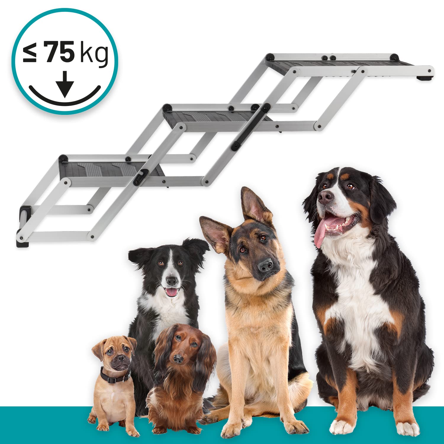 VOSS.PET Faltbare Hundetreppe, 3-stufige Kofferraumtreppe, Gelenkschonende Auto-Treppe, Einstiegshilfe für Hunde aus Aluminium mit Schutzmatte