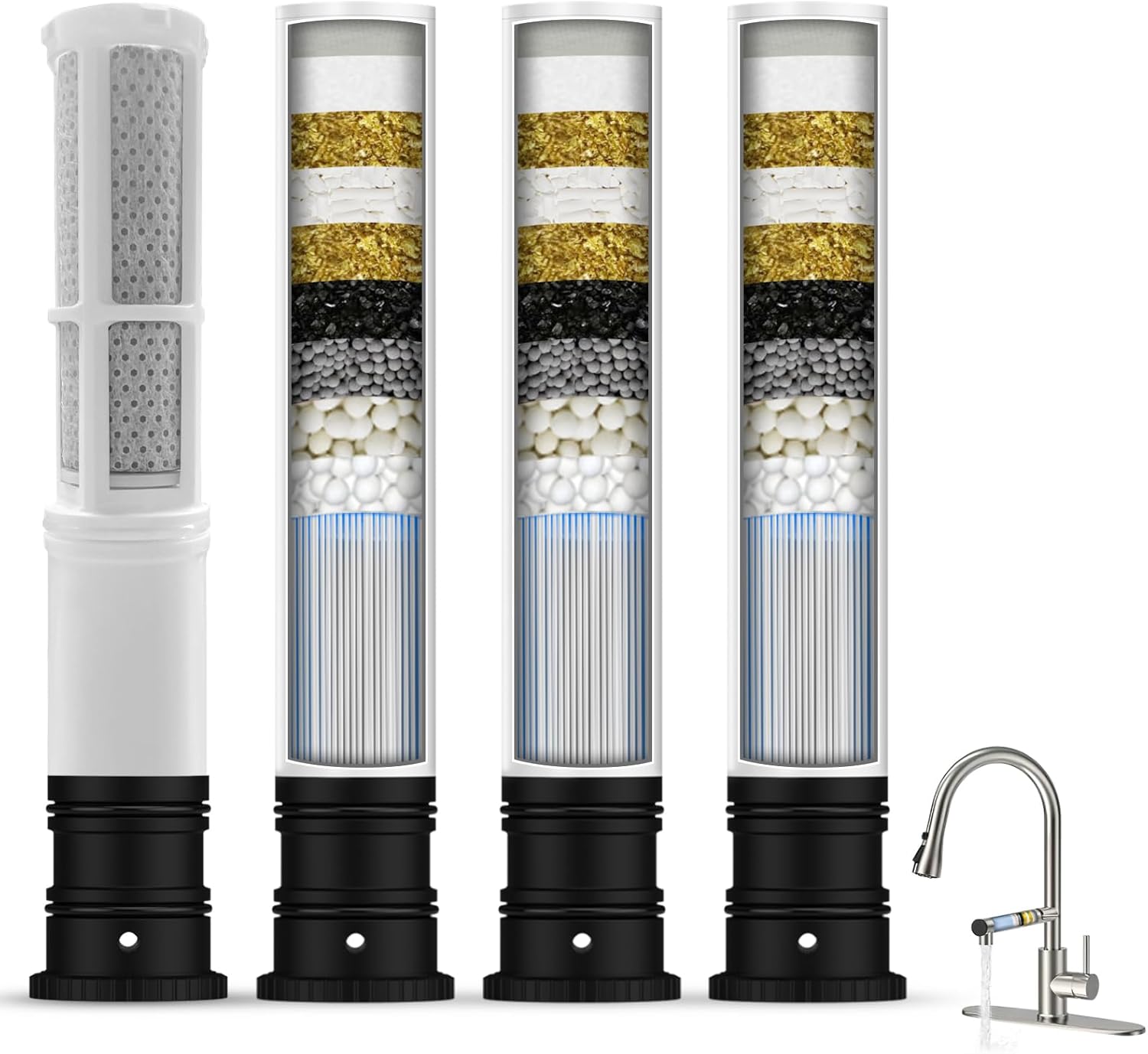 FEELSO Replacement Filters for Feelso Filtered Kitchen Faucet with Pull Down Sprayer, Reduces PFAS, PFOA/PFOS, Lead, Chlorine, Bad Taste & Odor, NSF/ANSI 42 Certified, 50 Gallons (4)
