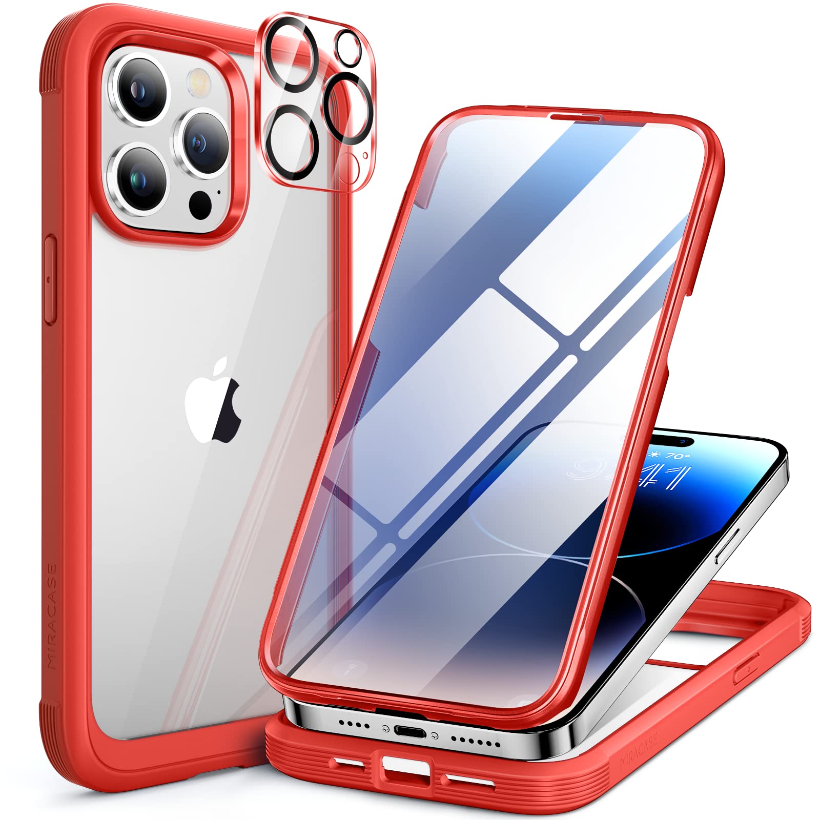 miracase Glass Series Designed for iPhone 14 Pro Max Case 6.7 Inch, Upgrade Full-Body Bumper Case with Built-in 9H Tempered Glass Screen Protector, with Camera Lens Protector, Red