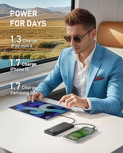 Miniatura 8 de Charmast Cargador portátil con cables incorporados, batería externa delgada de 10,000 mAh, cargador externo de alta velocidad con puerto USB C de