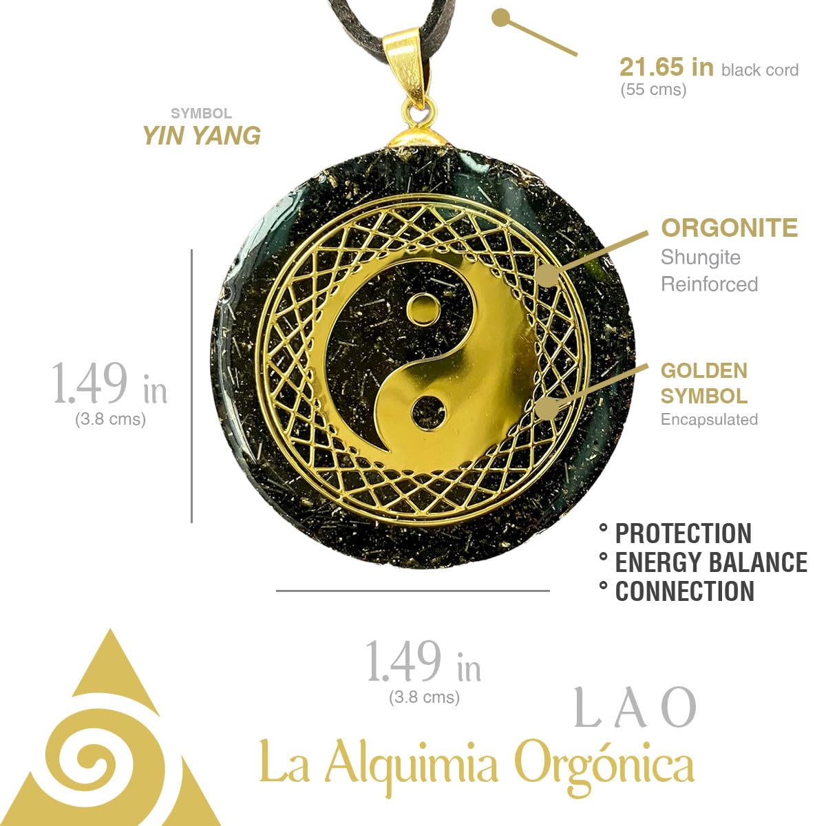 [LAO] Ładowany wisiorek z orgonitem Reiki Yin Yang 3,8 cm | Naszyjnik z świętą geometrią | 7 kwarc + szungit | 432 Hz i 528 Hz | Reiki Usui | Czarny wegański sznurek w zestawie |