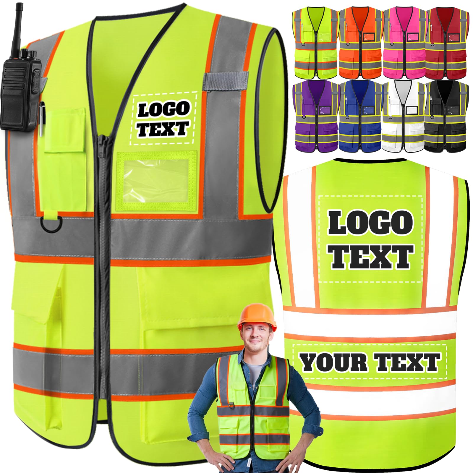Chaleco de Seguridad para Hombre Mujer Personalizado con Logotipo/Texto/Nombre,Chalecos de Trabajo Reflectantes Personalizados de Alta Visibilidad con Cremallera de Bolsillo